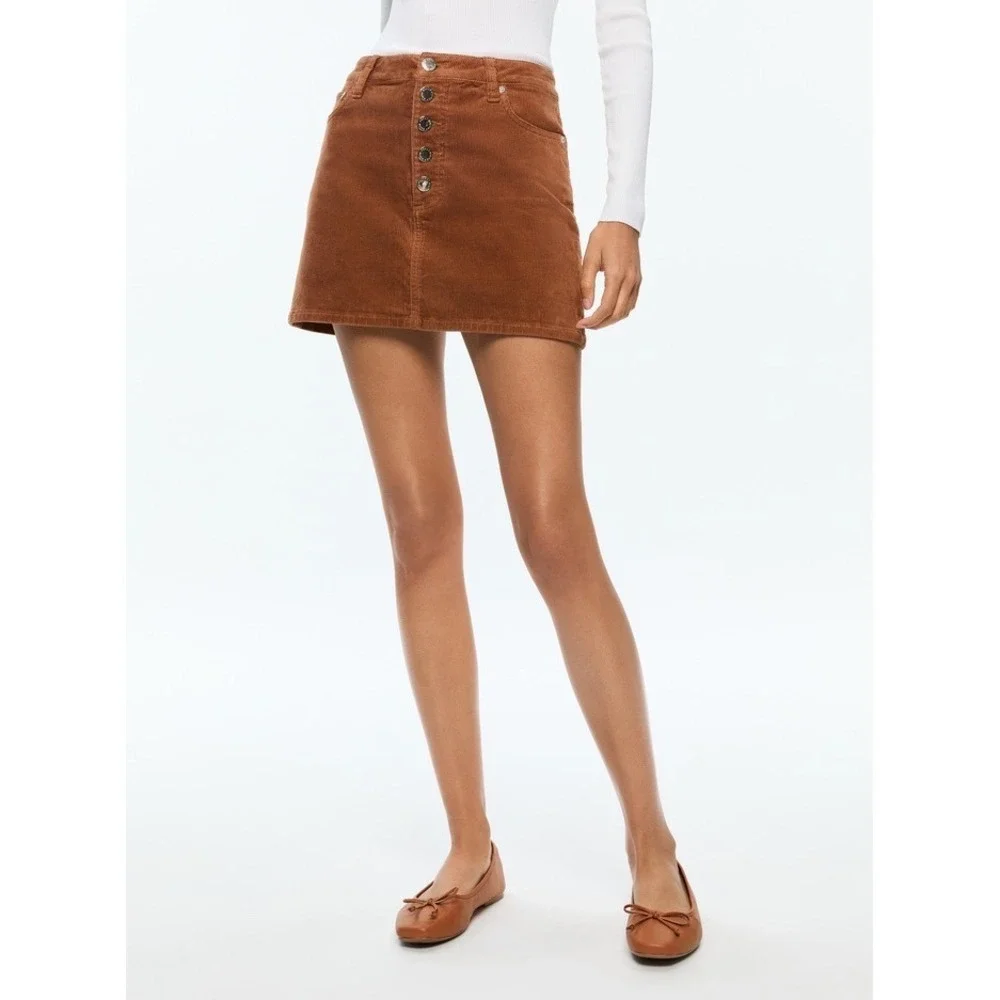 Alice + Olivia Joss  Brown Corduroy Button Fly Mini Skirt High‎ Waist Size 31